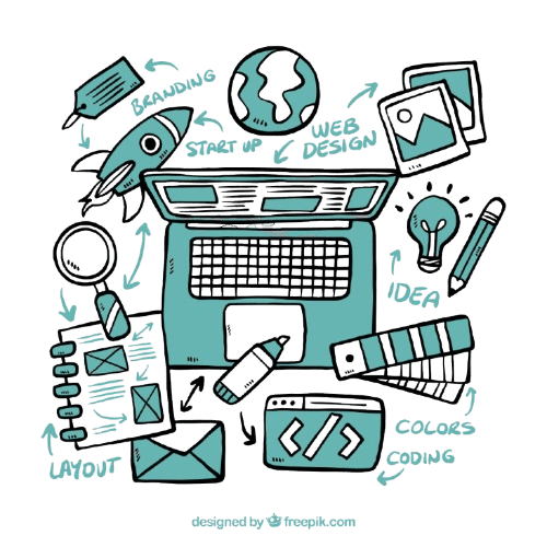 A set of creative doodle icons illustrating various tools and symbols, reflecting Expandly's mission  to empower businesses through digital solutions.